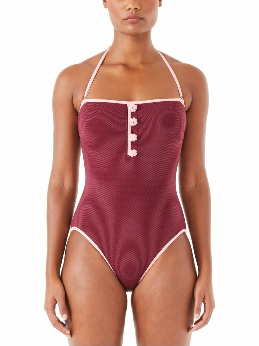 Kate Spade Textured One Piece Swimsuit Pink & Plum Floral Button Halter NWT